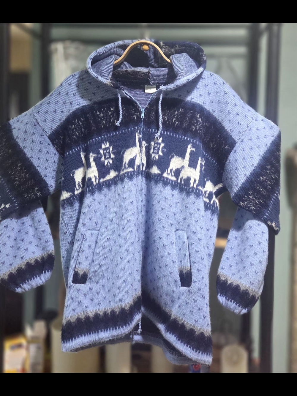 Blue Alpaca Motif Hooded Zip Sweater Jacket